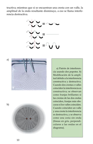 Variante con dos popotes
Para hacer más notoria la interferencia vamos a modificar ligera-
mente el experimento. Ahora utilizaremos dos popotes.

Procedimiento:
Coloca una punta de cada popo-
te en tu boca y ábrelos en forma
de “V”; pon el extremo de cada
popote sobre la superficie del
agua. Ahora sopla suavemente
a través de ellos.

¿Qué pasó?
A partir de la punta de cada po-
pote se forman dos conjuntos de
círculos concéntricos. Después
de unos segundos, los círculos al
crecer se sobrepondrán y comen-
zarán a interferir entre sí. Este
conjunto de ondas al sumarse,
forman en la superficie del agua
una figura que se conoce como
“patrón de interferencia”.

Una modificación más:
Puedes elegir una de las siguientes opciones para modificar la in-
terferencia:
         1. Variar la fuerza del soplido.
         2. Cambiar la distancia entre las puntas de los popotes.
   En ambos casos verás cómo varía el patrón de interferencia.

Aplícalo a tu vida:
En el mar se generan ondas cuya amplitud y longitud de onda
dependen de la fuerza del viento, de una forma parecida a como
ocurrió en el experimento. El viento que agita el agua puede hacer
crecer las olas de manera importante. Al llegar a cierta altura las olas
pierden su equilibrio y “rompen”, debido a dos situaciones: cuando
la altura de ellas aumenta lo suficiente para que la onda no pueda

                                                              11
 