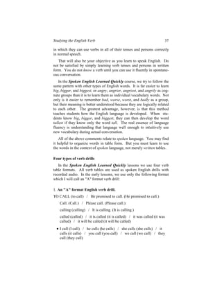 Studying the English Verb                                                37

in which they can use verbs in all of their tenses and persons correctly
in normal speech.
   That will also be your objective as you learn to speak English. Do
not be satisfied by simply learning verb tenses and persons in written
form. You do not know a verb until you can use it fluently in spontane-
ous conversation.
    In the Spoken English Learned Quickly course, we try to follow the
same pattern with other types of English words. It is far easier to learn
big, bigger, and biggest, or angry, angrier, angriest, and angrily as cog-
nate groups than it is to learn them as individual vocabulary words. Not
only is it easier to remember bad, worse, worst, and badly as a group,
but their meaning is better understood because they are logically related
to each other. The greatest advantage, however, is that this method
teaches students how the English language is developed. When stu-
dents know big, bigger, and biggest, they can then develop the word
tallest if they know only the word tall. The real essence of language
fluency is understanding that language well enough to intuitively use
new vocabulary during actual conversation.
    All of the above comments relate to spoken language. You may find
it helpful to organize words in table form. But you must learn to use
the words in the context of spoken language, not merely written tables.

Four types of verb drills
   In the Spoken English Learned Quickly lessons we use four verb
table formats. All verb tables are used as spoken English drills with
recorded audio. In the early lessons, we use only the following format
which I will call an "A" format verb drill:

1. An "A" format English verb drill.
TO CALL (to call) / He promised to call. (He promised to call.)
    Call. (Call.) / Please call. (Please call.)
    calling (calling) / It is calling. (It is calling.)
    called (called) / it is called (it is called) / it was called (it was
    called) / it will be called (it will be called)
  • I call (I call) / he calls (he calls) / she calls (she calls) / it
    calls (it calls) / you call (you call) / we call (we call) / they
    call (they call)
 