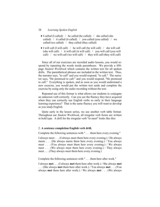 38       Learning Spoken English

  • I called (I called) / he called (he called) / she called (she
     called) / it called (it called) / you called (you called) / we
     called (we called) / they called (they called)
  • I will call (I will call) / he will call (he will call) / she will call
     (she will call) / it will call (it will call) / you will call (you will
     call) / we will call (we will call) / they will call (they will call)

   Since all of our exercises are recorded audio lessons, you would re-
spond by repeating the words inside parentheses. We provide a 450-
page Student Workbook which contains the written text for all spoken
drills. The parenthetical phrases are included in the written text. Thus,
the narrator says, "to call" and you would respond, "to call." The narra-
tor says, "He promised to call." and you would respond, "He promised
to call." Everything is spoken, and as soon as you would understand a
new exercise, you would put the written text aside and complete the
exercise by using only the audio recording without the text.
   Repeated use of this format is what allows our students to conjugate
an unknown verb correctly. Can you see the fluency they have acquired
when they can correctly use English verbs so early in their language
learning experience? That is the same fluency you will want to develop
as you study English.
   Quite early in the lesson series, we use another verb table format.
Throughout our Student Workbook, all irregular verb forms are written
in bold type. A drill for the irregular verb "to meet" looks like this:


2. A sentence completion English verb drill.
Complete the following sentences with " . . . them here every evening."
I always meet . . . (I always meet them here every evening.) / He always
meets . . . (He always meets them here every evening.) / You always
meet . . . (You always meet them here every evening.) / We always
meet . . . (We always meet them here every evening.) / They always
meet . . . (They always meet them here every evening.)

Complete the following sentences with " . . . them here after work."
I always met . . . (I always met them here after work.) / She always met
. . . (She always met them here after work.) / You always met . . . (You
always met them here after work.) / We always met . . . (We always
 