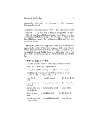 Studying the English Verb                                                        39

met them here after work.) / They always met . . . (They always met
them here after work.)

Complete the following sentences with " . . . them all before evening."
I will meet . . . (I will meet them all before evening.) / She will meet .
. . (She will meet them all before evening.) / You will meet . . . (You
will meet them all before evening.) / We will meet . . . (We will meet
them all before evening.) / They will meet . . . (They will meet them
all before evening.)

   Though the sentences are simple, this format teaches the verb con-
jugation in the context of the spoken language. It also forces the stu-
dents to be more mentally alert during the exercise. Later in the Spo-
ken English Learned Quickly lessons, we add a third type of verb
table which I am identifying here as a "B" format table. It looks like
this:

3. "B" format English verb drill.
TO TEST (to test) / He promised to test it. (He promised to test it.)
    Test. (Test.) / Please test it. (Please test it.)
    testing (testing) / He is testing some. (He is testing some.)
    tested (tested) / it is tested (it is tested) / it was tested (it was
    tested) / it will be tested (it will be tested)
    I test (I test)           I tested (I tested)             I will test (I will
    test)
    he tests (he tests)       he tested (he tested)           he will test (he
    will test)
    she tests (she tests)     she tested (she tested)         she will test
    (she will test)
    it tests (it tests)     it tested (it tested)       it will test (it will
    test)
    you test (you test)       you tested (you tested)         you will test
    (you will test)
 