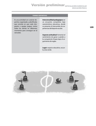 Versión preliminar ARTICULACIÓN CURRICULAR
                                                                         EDUCACIÓN FÍSICA



                          Torneo deportivo:

Es una actividad con carácter de-    Intencionalidad pedagógica: ser
portivo organizada y planificada,    un encuentro competitivo bajo
que consiste en que cada inte-       características educativas, donde
grante o equipo juegue contra        se presenta el intercambio de ex-
                                                                                            105
todos los demás en diferentes        periencias del deporte escolar.
momentos para conseguir ser el
vencedor.
                                     Aspecto actitudinal: fomentar el
                                     sentimiento de ganar o perder y
                                     la competición limpia bajo el se-
                                     guimiento de reglas.


                                     Lugar: espacio educativo, escue-
                                     la, área verde.
 