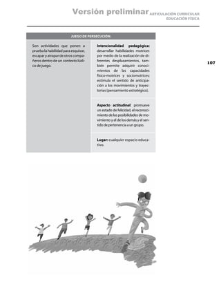 Versión preliminar ARTICULACIÓN CURRICULAR
                                                                             EDUCACIÓN FÍSICA



                         Juego de persecución:

Son actividades que ponen a           Intencionalidad pedagógica:
prueba la habilidad para esquivar,    desarrollar habilidades motrices
escapar y atrapar de otros compa-     por medio de la realización de di-
ñeros dentro de un contexto lúdi-     ferentes desplazamientos, tam-
                                                                                                107
co de juego.                          bién permite adquirir conoci-
                                      mientos de las capacidades
                                      físico-motrices y sociomotrices;
                                      estimula el sentido de anticipa-
                                      ción a los movimientos y trayec-
                                      torias (pensamiento estratégico).


                                      Aspecto actitudinal: promueve
                                      un estado de felicidad, el reconoci-
                                      miento de las posibilidades de mo-
                                      vimiento y el de los demás y el sen-
                                      tido de pertenencia a un grupo.


                                      Lugar: cualquier espacio educa-
                                      tivo.
 