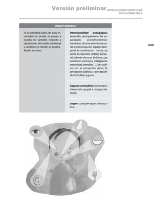 Versión preliminar ARTICULACIÓN CURRICULAR
                                                                              EDUCACIÓN FÍSICA



                            Juego sensorial

Es la actividad lúdica de poca in-    Intencionalidad pedagógica:
tensidad en donde se ponen a          desarrolla principalmente las ca-
prueba los sentidos respecto a        pacidades          perceptivomotrices
sensaciones del medio ambiente        (sentidos), el conocimiento corpo-
                                                                                                 111
y contexto en donde se desarro-       ral, la estructuración espacio-tem-
llan las acciones.                    poral, la coordinación motriz, así
                                      como la expresión verbal y corpo-
                                      ral, además de otros ámbitos cog-
                                      noscitivos (memoria, inteligencia,
                                      creatividad, atención…). Se clasifi-
                                      can en: a) percepción visual, b)
                                      percepción auditiva, c) percepción
                                      táctil, d) olfato y gusto.


                                      Aspecto actitudinal: fomentar la
                                      interacción grupal e integración
                                      social.


                                      Lugar: cualquier espacio educa-
                                      tivo.
 