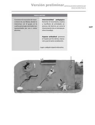 Versión preliminar ARTICULACIÓN CURRICULAR
                                                                            EDUCACIÓN FÍSICA



                             Fabula motriz

Consiste en la narración de mane-      Intencionalidad pedagógica:
ra breve de una fábula, donde tú       fomentar el movimiento creativo
interactúas con el grupo, en la        y manifiesto de actividades ex-
cual los personajes (animales) son     presivas del alumno así como la
                                                                                               117
representados por uno o varios         interiorización de un mensaje po-
alumnos.                               sitivo (moraleja).


                                       Aspecto actitudinal: promover
                                       el respeto por los demás, interac-
                                       ción y por lo tanto socialización.


                                     Lugar: cualquier espacio educativo.
 