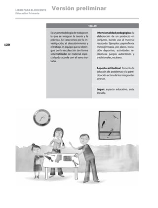 LIBRO PARA EL DOCENTE   Versión preliminar
      Educación Primaria



                                                                    Taller

                              Es una metodología de trabajo en               Intencionalidad pedagógica: la
                              la que se integran la teoría y la              elaboración de un producto en
                              práctica. Se caracteriza por la in-            conjunto, dando uso al material
                              vestigación, el descubrimiento y               recabado. Ejemplos: papiroflexia,
120
                              el trabajo en equipo que se distin-            matrogimnasia, pie plano, inicia-
                              gue por la recolección (en forma               ción deportiva, actividades re-
                              sistematizada) de material espe-               creativas, juegos autóctonos y
                              cializado acorde con el tema tra-              tradicionales, etcétera.
                              tado.

                                                                             Aspecto actitudinal. fomenta la
                                                                             solución de problemas y la parti-
                                                                             cipación activa de los integrantes
                                                                             de este.


                                                                             Lugar: espacio educativo, aula,
                                                                             escuela.
 