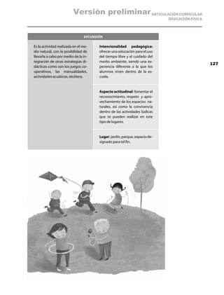Versión preliminar ARTICULACIÓN CURRICULAR
                                                                            EDUCACIÓN FÍSICA



                                Excursión

Es la actividad realizada en el me-    Intencionalidad pedagógica:
dio natural, con la posibilidad de     ofrecer una educación para el uso
llevarla a cabo por medio de la in-    del tiempo libre y el cuidado del
tegración de otras estrategias di-     medio ambiente, siendo una ex-
                                                                                               127
dácticas como son los juegos co-       periencia diferente a la que los
operativos, las manualidades,          alumnos viven dentro de la es-
actividades acuáticas, etcétera.       cuela.


                                       Aspecto actitudinal: fomentar el
                                       reconocimiento, respeto y apro-
                                       vechamiento de los espacios na-
                                       turales, así como la convivencia
                                       dentro de las actividades lúdicas
                                       que se pueden realizar en este
                                       tipo de lugares.


                                       Lugar: jardín, parque, espacio de-
                                       signado para tal fin.	
 