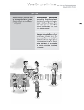 Versión preliminar ARTICULACIÓN CURRICULAR
                                                                           EDUCACIÓN FÍSICA



                                Ludoteca

Espacio que reúne diversas clases     Intencionalidad pedagógica:
de juegos pedagógicos (estrate-       estimular el desarrollo de habili-
gia, estimulación sensorial, cons-    dades intelectuales, motrices, so-
trucción, etc.).                      ciales y afectivas, donde el alum-
                                                                                              131
                                      no asiste en sus ratos libres,
                                      recreos o como taller para hacer
                                      uso de los materiales.


                                      Aspecto actitudinal: estimular la
                                      enseñanza reciproca entre los
                                      alumnos, así como ofrecerles he-
                                      rramientas para el mejor aprove-
                                      chamiento del uso de su tiempo
                                      libre. También se ha de fomentar
                                      la interacción grupal e integra-
                                      ción social.
 