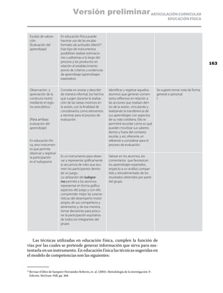 Versión preliminar ARTICULACIÓN CURRICULAR
                                                                                                               EDUCACIÓN FÍSICA



      Escalas de valora-     En educación física puede
      ción                   hacerse uso de las escalas
      (Evaluación del        formales de actitudes (likert)50.
      aprendizaje)           Este tipo de instrumentos
                             posibilitan realizar estimacio-
                             nes cualitativas a lo largo del
                             proceso y los productos en
                                                                                                                                         163
                             relación al establecimiento
                             previo de criterios y evidencias
                             de aprendizaje (aprendizajes
                             esperados).


      Observación y          Consiste en anotar y describir       Identificar y registrar aquellos      Se sugiere tomar nota de forma
      apreciación de la      de manera informal, los hechos       alumnos que generan comen-            general o personal.
      conducta motriz        que surgen durante la realiza-       tarios reflexivos en relación a       t
      mediante el regis-     ción de las tareas motrices en       las acciones que realizan den-
      tro anecdótico.        la sesión, con la finalidad de       tro de la sesión, vinculando y
                             considerarlos como elementos         realizando la transferencia de
                             a retomar para el proceso de         sus aprendizajes con aspectos
      (Para ambas:           evaluación.                          de su vida cotidiana. Ello te
      evaluación del                                              permitirá recordar cómo es qué
      aprendizaje)                                                pueden movilizar sus saberes
                                                                  dentro y fuera del contexto
                                                                  escolar, y así, ofrecerte un
      En educación físi-                                          referente a considerar para el
      ca, otro instrumen-                                         proceso de evaluación.
      to que permite
      observar y registrar
      la participación       Es un instrumento para obser-        Valorar en los alumnos, los
      es el ludograma        var y representar gráficamente       comentarios que favorezcan
                             la secuencia de roles que asu-       los aprendizajes esperados,
                             men los participantes dentro         respecto a un análisis compar-
                             de un juego.                         tido y retroalimentado de los
                             La utilización del ludogra-          resultados obtenidos por parte
                             ma permite a los alumnos             del grupo.
                             representar en forma gráfica
                             aspectos del juego y con ello
                             comprender mejor las caracte-
                             rísticas del desempeño motor
                             propio, de sus compañeros y
                             adversarios y, de esa manera,
                             tomar decisiones para procu-
                             rar la participación equitativa
                             de todos los integrantes del
                             grupo.



   Las técnicas utilizadas en educación f ísica, cumplen la función de
vías por las cuales se pretende generar información que sirva para sus-
tentarla en un instrumento. En educación f ísica las técnicas sugeridas en
el modelo de competencias son las siguientes:


  Revisar el libro de Sampieri Hernández Roberto, et. al. (2003). Metodología de la investigación 3ª.
55	

  Edición. McGraw-Hill, pp. 368.
 