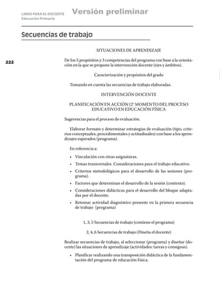 LIBRO PARA EL DOCENTE       Versión preliminar
      Educación Primaria



      Secuencias de trabajo

                                                SITUACIONES DE APRENDIZAJE

222
                              De los 5 propósitos y 3 competencias del programa con base a la orienta-
                              ción en la que se propone la intervención docente (ejes y ámbitos).

                                               Caracterización y propósitos del grado

                                 Tomando en cuenta las secuencias de trabajo elaboradas.

                                                    INTERVENCIÓN DOCENTE

                                PLANIFICACIÓN EN ACCIÓN (2° MOMENTO DEL PROCESO
                                         EDUCATIVO EN EDUCACIÓN FÍSICA

                              Sugerencias para el proceso de evaluación.

                                 Elaborar formato y determinar estrategias de evaluación (tipo, crite-
                              rios conceptuales, procedimentales y actitudinales) con base a los apren-
                              dizajes esperados (programa).

                                 En referencia a:
                                 •	 Vinculación con otras asignaturas.
                                 •	 Temas transversales. Consideraciones para el trabajo educativo.
                                 •	 Criterios metodológicos para el desarrollo de las sesiones (pro-
                                    grama).
                                 •	 Factores que determinan el desarrollo de la sesión (contexto).
                                 •	 Consideraciones didácticas para el desarrollo del bloque adapta-
                                    das por el docente.
                                 •	 Retomar actividad diagnóstico presente en la primera secuencia
                                    de trabajo (programa)


                                        1, 3, 5 Secuencias de trabajo (contiene el programa)

                                          2, 4, 6 Secuencias de trabajo (Diseña el docente)

                              Realizar secuencias de trabajo, al seleccionar (programa) y diseñar (do-
                              cente) las situaciones de aprendizaje (actividades: tareas y consignas).
                                 •	 Planificar realizando una transposición didáctica de la fundamen-
                                    tación del programa de educación f ísica.
 