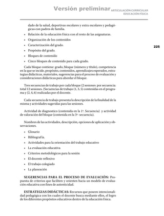 Versión preliminar ARTICULACIÓN CURRICULAR
                                                                               EDUCACIÓN FÍSICA



      dado de la salud, deportivas escolares y extra escolares y pedagó-
      gicas con padres de familia.
   •	 Relación de la educación f ísica con el resto de las asignaturas.
   •	 Organización de los contenidos
   •	 Caracterización del grado.                                                                  225
   •	 Propósito del grado.
   •	 Bloques de contenido
   •	 Cinco bloques de contenido para cada grado.
   Cada bloque contiene: grado, bloque (número y título), competencia
en la que se incide, propósito, contenidos, aprendizajes esperados, estra-
tegias didácticas, materiales, sugerencias para el proceso de evaluación y
consideraciones didácticas para abordar el bloque.

   Tres secuencias de trabajo por cada bloque (2 sesiones por secuencia:
total 12 sesiones. (Secuencias de trabajo (1, 3, 5) contenidas en el progra-
ma y (2, 4, 6) realizadas por el docente.

  Cada secuencia de trabajo presenta la descripción de la finalidad de la
misma y actividades sugeridas para las sesiones.

   Actividad de diagnostico (contenida en la 1ª. Secuencia) y actividad
de valoración del bloque (contenida en la 3ª- secuencia).

   Nombres de las actividades, descripción, opciones de aplicación y ob-
servaciones.
   •	 Glosario
   •	 Bibliograf ía.
   •	 Actividades para la orientación del trabajo educativo
   •	 La evaluación educativa	
   •	 Criterios metodológicos para la sesión
   •	 El docente reflexivo
   •	 El trabajo colegiado
   •	 La planeación

   SUGERENCIAS PARA EL PROCESO DE EVALUACIÓN: Pro-
puesta de criterios que faciliten y orienten hacia un modelo de evalua-
ción educativa con fines de autenticidad.

   ESTRATEGIAS DIDÁCTICAS: Recursos que poseen intencionali-
dad pedagógica con los cuales el docente busca mediante ellos, el logro
de los diferentes propósitos educativos dentro de la educación f ísica.
 