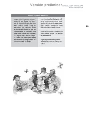 Versión preliminar ARTICULACIÓN CURRICULAR
                                                                           EDUCACIÓN FÍSICA




                     Rondas y cantos infantiles

Juegos colectivos que se acom-       Intencionalidad pedagógica: utili-
pañan de una danza casi siem-        zar el canto como recurso peda-
pre de disposición circular, con     gógico de interacción y participa-
gran carácter ritual y que se        ción motriz, siguiendo roles
                                                                                              83
transmiten por tradición. Éstas      diferentes dentro de la misma.
recuerdan a la época en que las
comunidades se reunían para          Aspecto actitudinal: fomentar la
hacer invocaciones a la naturale-    participación grupal y el sentido
za o alguna otra clase de ruegos.    de pertenencia.
Se cantan con rimas y haciendo
movimientos que figuran las ac-      Lugar: espacio Rondas y cantos
ciones descritas en la letra.        infantiles: espacio educativo. edu-
                                     cativo.
 
