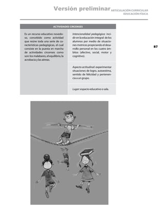 Versión preliminar ARTICULACIÓN CURRICULAR
                                                                              EDUCACIÓN FÍSICA



                           Actividades circenses

Es un recurso educativo novedo-         Intencionalidad pedagógica: inci-
so, concebido como actividad            dir en la educación integral de los
que reúne toda una serie de ca-         alumnos por medio de situacio-
racterísticas pedagógicas, el cual      nes motrices propiciando el desa-
                                                                                                 87
consiste en la puesta en marcha         rrollo personal en los cuatro ám-
de actividades circenses como           bitos (afectivo, social, motor y
son: los malabares, el equilibrio, la   cognitivo).
acrobacia y las aéreas.

                                        Aspecto actitudinal: experimentar
                                        situaciones de logro, autoestima,
                                        sentido de felicidad y pertenen-
                                        cia a un grupo.


                                        Lugar: espacio educativo o sala.
 