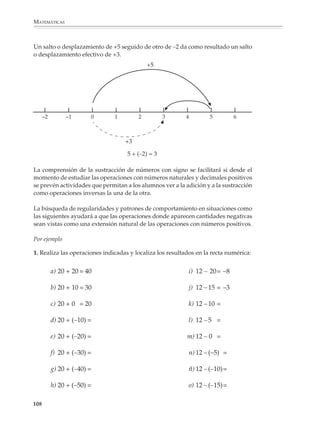 MATEMÁTICAS



              pasados tuvieron dificultades para entender la naturaleza de los números negativos,
              a los que consideraban “falsos”, a pesar de que reconocían la utilidad de disponer y
              operar con ellos.

              Los números negativos son el resultado de un proceso de abstracción en el cual el
              desarrollo del álgebra y sus procedimientos jugaron un papel central. Si bien es posible
              utilizar situaciones concretas para explicar algunos aspectos relacionados con ellos,
              resulta muy difícil encontrar un modelo intuitivo que ilustre por sí solo, aunque sea de
              manera aproximada, la diversidad de situaciones que pueden presentarse al operar
              con estos números. Por otro lado, no es raro que la búsqueda de este tipo de modelos
              conduzca a plantear en el salón de clases actividades que con frecuencia resultan
              artificiales y de escaso valor para el aprendizaje de las matemáticas.

              Por razones como las anteriores, se sugiere acercarse gradualmente al estudio de los
              números con signo, dando tiempo a que los alumnos maduren sus ideas y compren-
              dan la necesidad de operar con ellos en diversas situaciones, sobre todo al manejar
              expresiones algebraicas. Se podrá comenzar con problemas que requieran el uso de
              los números con signo para indicar ganancias y pérdidas, temperaturas sobre y bajo
              0 y otras situaciones similares.

              En particular, debe haber actividades que les permitan utilizar desde el principio los
              números con signo para ubicar puntos en la recta numérica y los cuatro cuadrantes
              del plano cartesiano.

              Por ejemplo

              1. Dibuja un sistema de ejes coordenados y copia la siguiente figura.


                                                      y
                                                 8
                                                 7
                                                 6
                                                 5                    Q
                                                 4
                                                 3
                                                 2
                                                 1        P               R
                                                 0
                                                                                                          x
                               –6 –5 –4 –3 –2 –1 –1       1   2   3       4   5   6   7   8   9 10
                                                 –2
                                                 –3
                                                 –4




              106



M/SEC/P-090-120.PM6.5 copy     106                                                                   6/20/01, 12:27 PM
 