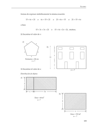 ÁLGEBRA



                        Se sugiere proponer problemas que involucren números decimales o relativamente
                        grandes, con objeto de propiciar el uso de las operaciones inversas y evitar que los
                        alumnos resuelvan estas ecuaciones recurriendo a los hechos numéricos básicos,
                        como son las tablas de las operaciones fundamentales. Es recomendable que se
                        utilice la calculadora para agilizar la resolución de este tipo de ecuaciones.

                        También es conveniente que haya problemas que lleven a plantear y resolver este
                        tipo de ecuaciones, para que desde los primeros ejemplos los alumnos se percaten
                        del valor de las ecuaciones para modelar situaciones y resolver problemas. Por
                        ejemplo, la determinación del valor desconocido de una de las cantidades que
                        intervienen en las fórmulas de la geometría, de la física o extraídas de otros contextos
                        podrán servir para llevar adelante esta idea.

                        Por ejemplo

                        5. Utilizando la fórmula de la velocidad v = d/t, encontrar la distancia recorrida por
                        un automóvil que viaja durante 2.5 horas a una velocidad de 80 km por hora.

                                                               80 =
                                                                      2.5
                        6. El área de un terreno rectangular mide 220 m2 y el frente 8 m. ¿Cuánto mide el
                        fondo del terreno?




                                                                                220 = 8 ×




                        Ecuaciones y sistemas de ecuaciones lineales

                        Ecuaciones de primer grado o lineales

                        La enseñanza formal del álgebra comienza en el segundo grado de la educación
                        secundaria. Se retomarán los temas de preálgebra vistos en el primer grado,
                        introduciendo los elementos de lenguaje simbólico necesarios para que los alumnos
                        puedan enfrentar con éxito la resolución de ecuaciones lineales. Esto no significa que
                        los dos temas tengan que tratarse por separado, ya que el profesor podrá optar, si lo
                        cree conveniente, por desarrollar el lenguaje simbólico al mismo tiempo que los
                        alumnos aprenden gradualmente a plantear y resolver este tipo de ecuaciones.

                                                                                                            133



M/SEC/P-121-178.PM6.5      133                                              6/20/01, 11:13 AM
 