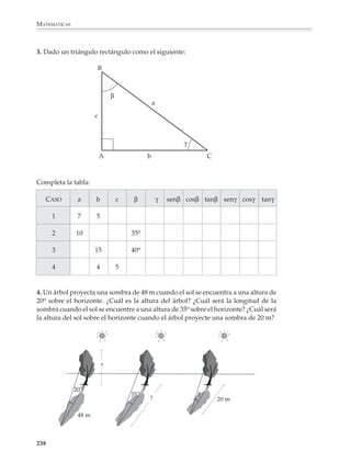 MATEMÁTICAS



              Para los otros ángulos entre 0° y 90o, así como para calcular el valor de un ángulo
              cuando se conocen su seno, coseno o tangente, se podrán utilizar las tablas trigono-
              métricas o una calculadora.

              Una actividad que los alumnos deberán tener la oportunidad de practicar consiste en
              calcular el valor de las razones trigonométricas conociendo el valor de una de ellas.

              Por ejemplo
              1. Encontrar el valor de sen θ y cos θ sabiendo que tan θ = 0.765.

              Recordemos que:

                                                                cateto opuesto
                                                tangente θ =                    = 0.765 = 0.765
                                                               cateto adyacente             1

              Ahora, el “truco” para resolver el problema consiste en dibujar un triángulo cuyos
              catetos opuesto y adyacente midan 0.765 y 1, respectivamente. Luego se calcula el
              valor de la hipotenusa utilizando el teorema de Pitágoras:




                                         a
                                      us
                                    en
                              p  ot                      0.765
                            hi                                            hipotenusa = 12 + 0.7652

                        ?                                                                 = 1.585225 = 1.259...

                                    1


              Utilizando este triángulo se obtienen los valores de las otras razones trigonométricas:

                                               cateto opuesto            0.765
                                  sen θ =                        =                = 0.607...
                                                hipotenusa               1.259

                                               cateto adyacente             1
                                  cos θ =                            =             = 0.794...
                                                  hipotenusa              1.259

              Para obtener el valor de θ se utiliza una de las funciones sen-1, cos-1 o tan-1 en la
              calculadora o se busca en tablas :
                                                               θ = 37° 25'


              236



M/SEC/P-179-270.PM6.5                    236                                                     6/20/01, 11:14 AM
 