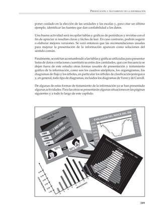 PRESENTACIÓN Y TRATAMIENTO DE LA INFORMACIÓN



                                                        También deberá propiciarse que los alumnos se acostumbren a los diferentes tipos
                                                        de datos que pueden presentarse: nominales, ordinales, medidos en una escala
                                                        continua, etcétera, y reconozcan el tipo de tratamiento en tablas o gráficos que
                                                        conviene en cada caso. No obstante, el acercamiento a estos temas deberá ser
                                                        informal e intuitivo, por medio de diversas actividades y problemas, y sin intentar
                                                        avanzar hacia explicaciones que serían difíciles de comprender en la secundaria.

                                                        Tablas y gráficas son mutuamente complementarias. Mientras que en las tablas el énfasis
                                                        está puesto sobre todo en los aspectos cuantitativos de la información, las gráficas
                                                        ayudan a visualizar la estructura de los datos y los hechos más importantes. Dicho lo
                                                        anterior, conviene agregar que ni la lectura de una tabla ni el darse cuenta de los
                                                        fenómenos revelados por una gráfica son habilidades que se desarrollen totalmente de
                                                        manera espontánea, sino que deberán ser aprendidos a partir de diversas actividades.

                                                        En particular, deben plantearse situaciones que propicien que los alumnos com-
                                                        prendan las ventajas de utilizar una u otra forma de presentación, o de combinarlas.

                                                        Por ejemplo

                                                        En la siguiente tabla están dados los datos de población para la República Mexicana,
                                                        según los censos realizados a partir de 1900. Se han agregado dos columnas donde
                                                        aparecen los incrementos y las tasas de crecimiento (incrementos relativos) de la
                                                        población de un censo a otro. Los incrementos son siempre positivos, salvo para el
                                                        periodo 1910-1921 (¿por qué?).

                                                                           POBLACIÓN DE LA REPÚBLICA MEXICANA 1900-1997

                                                                   CENSO        POBLACIÓN (MILLONES DE HAB.)         INCREMENTO       %
                                                                   1900                     13.6
                                                                   1910                     15.2                           1.6       11.8
                                                                   1921*                    14.3                         – 0.9       –5.9
                                                                   1930                     16.5                           2.2       15.5
                                                                   1940                     19.7                           3.2       19.4
                                                                   1950                     25.8                           6.1       30.5
                                                                   1960                     34.9                           9.1       35.3
                                                                   1970                     48.2                         13.3        38.1
                        FUENTE: El Colegio de México.




                                                                   1980                     67.4                         19.2        39.8
                                                                   1990*                    86.2                         18.8        27.8
                                                                   1995                     91.2                           5.0         5.8
                                                                   1997                     94.3                           3.1         3.3
                                                        * INEGI.

                                                                                                                                             287



M/SEC/P-271-327.PM6.5                                       287                                                6/20/01, 11:16 AM
 