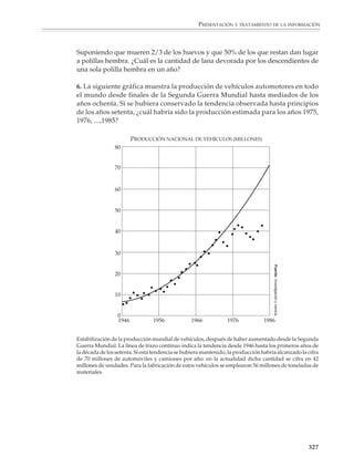 PRESENTACIÓN Y TRATAMIENTO DE LA INFORMACIÓN



                        Crecimiento exponencial

                        El crecimiento es una característica de los seres vivos y de muchos fenómenos de la
                        naturaleza y la sociedad, por lo que debe haber actividades para que los alumnos se
                        acostumbren a las formas de medirlo y expresarlo, así como a los diversos modos de
                        crecimiento que se presentan en el mundo real.

                        El incremento, o decremento, de una cantidad puede medirse en términos absolu-
                        tos o relativos. Por ejemplo, la población de la República Mexicana pasó de 67
                        millones de habitantes en 1980 a 91.2 millones en 1995. Se dice entonces que, en
                        términos absolutos, la población aumentó en 24.2 millones de habitantes y que,
                        en términos relativos, la tasa de crecimiento decenal fue de 36.1%. Este porcentaje
                        se obtiene dividiendo el incremento entre la población que le dio origen:
                                                             24.2
                                                                  = 0.361 = 36.1%
                                                              67
                        Al estudiar el crecimiento de cantidades se presentan diversos casos, pero hay dos
                        que resultan particularmente interesantes:

                        • El crecimiento aritmético o lineal, en el cual a tiempos iguales corresponden incre-
                          mentos iguales de la cantidad. En este caso el crecimiento se expresa por una
                          función lineal y su gráfica es una línea recta.

                        • El crecimiento geométrico o exponencial, en donde la tasa de crecimiento es la misma
                          para intervalos iguales de tiempo. El ejemplo más típico es el crecimiento de
                          poblaciones humanas, cuya tasa de crecimiento puede considerarse constante
                          para periodos no muy largos de tiempo.

                        Así, si se denota por P0 la población en un momento inicial dado, por p su tasa anual
                        de crecimiento y por P1, P2, P3... la población al cabo de 1, 2, 3, ... años, se puede ver que:

                                          P1 = (1 + p) P0,    P2 = (1 + p)2 P0,     P3 + (1 + p)3 P0,…

                        y al cabo de n años:

                                                                Pn = (1 + p)n P0

                        En general, si C es una cantidad que crece a una constante p por periodo de tiempo
                        y se denotan por C0 su valor inicial y por C1, C2, C3, ... su valor al cabo de 1, 2, 3,...
                        periodos, se tiene que:

                                                    Cn = (1 + p)n C0, para n = 1, 2, 3,...

                        Esta fórmula justifica el nombre de crecimiento exponencial para los fenómenos que
                        crecen a tasa constante.

                                                                                                                   325



M/SEC/P-271-327.PM6.5      325                                                     6/20/01, 11:16 AM
 