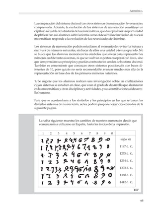 ARITMÉTICA



                        La comparación del sistema decimal con otros sistemas de numeración favorecerá su
                        comprensión. Además, la evolución de los sistemas de numeración constituye un
                        capítulo accesible de la historia de las matemáticas, que da al profesor la oportunidad
                        de platicar con sus alumnos sobre la forma como el desarrollo e invención de nuevas
                        matemáticas responde a la evolución de las necesidades del hombre.

                        Los sistemas de numeración podrán estudiarse al momento de revisar la lectura y
                        escritura de números naturales, sin hacer de ellos una unidad o tema separado. No
                        se busca que los alumnos memoricen los símbolos que sirven para representar los
                        números en diferentes sistemas, ni que se vuelvan expertos en operar con éstos, sino
                        que comprendan sus principios y puedan contrastarlos con los del sistema decimal.
                        También es conveniente que conozcan otros sistemas posicionales con bases di-
                        ferentes de 10, pero quizás no sería recomendable avanzar mucho más allá de la
                        representación en base dos de los primeros números naturales.

                        1. Se sugiere que los alumnos realicen una investigación sobre las civilizaciones
                        cuyos sistemas se estudien en clase, que vean el grado de desarrollo que alcanzaron
                        en las matemáticas y otras disciplinas y actividades, y sus contribuciones al desarro-
                        llo humano.

                        Para que se acostumbren a los símbolos y los principios en los que se basan los
                        distintos sistemas de numeración, se les podrán proponer ejercicios como los de la
                        siguiente página.



                           La tabla siguiente muestra los cambios de nuestros numerales desde que
                           comenzaron a utilizarse en España, hasta los inicios de la impresión.


                                1   2     3      4     5     6     7     8         9        0
                                                                                                 siglo XII

                                                                                                 1197 d. C.

                                                                                                 1275 d. C.

                                                                                                 1294 d. C.

                                                                                                 1303 d. C.

                                                                                                 1360 d. C.

                                                                                                 1442 d. C.

                                                                                                               