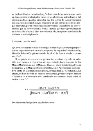 Wilmer Ortega Chavez, Amer Vela Bizalote y Liliam Carola Zevallos Solis
75
va las habilidades, capacidades y/o destrezas de los educandos, tanto
en los aspectos intelectuales como en los afectivos y actitudinales. Del
mismo modo, es posible entender que los logros de los aprendizajes
son en extremo significativos mediante el uso estratégico de los ma-
pas mentales, por la complejidad cada vez más inquietante de conoci-
miento que se interrelaciona, lo cual implica que todo aprendizaje no
es atomizado, sino más bien interrelacionado, integrador e inclusive de
carácter interdisciplinario.
1. Aspecto correlacional
a)Correlaciónentreelusodelosmapasmentalesyelaprendizajesignifi-
cativo, según los estudiantes del programa de Segunda Especialización,
Mención Educación primaria de la Facultad de Educación de la unhe-
val, Perú.
El propósito de esta investigación fue precisar el grado de rela-
ción que existe en el proceso del aprendizaje, haciendo uso de los
Mapas Mentales, como: el Mapa de Ideas, el Mapa Semántico, el Mapa
Conceptual y el Mapa de Conocimientos, en el Aprendizaje Significa-
tivo, tanto en la dimensión cognitiva, procedimental y actitudinal. En
efecto, se hizo uso de un modelo estadístico, propuesto por Bravais
- Pearson “el Coeficiente de Correlación de Pearson” cuyo valor se
define como “r”:
Localizado en la siguiente escala de valores:
 