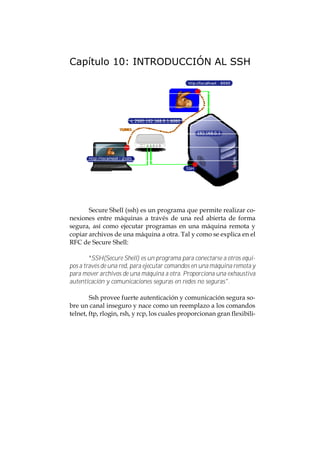 Capítulo 10: INTRODUCCIÓN AL SSH




       Secure Shell (ssh) es un programa que permite realizar co-
nexiones entre máquinas a través de una red abierta de forma
segura, así como ejecutar programas en una máquina remota y
copiar archivos de una máquina a otra. Tal y como se explica en el
RFC de Secure Shell:

        "SSH(Secure Shell) es un programa para conectarse a otros equi-
pos a través de una red, para ejecutar comandos en una máquina remota y
para mover archivos de una máquina a otra. Proporciona una exhaustiva
autenticación y comunicaciones seguras en redes no seguras".

        Ssh provee fuerte autenticación y comunicación segura so-
bre un canal inseguro y nace como un reemplazo a los comandos
telnet, ftp, rlogin, rsh, y rcp, los cuales proporcionan gran flexibili-
 