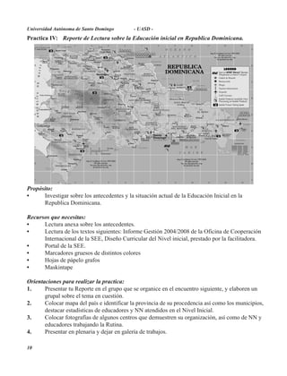 Universidad Autónoma de Santo Domingo        - UASD -
Practica IV: Reporte de Lectura sobre la Educación inicial en Republica Dominicana.




Propósito:
•     Investigar sobre los antecedentes y la situación actual de la Educación Inicial en la
      Republica Dominicana.

Recursos que necesitas:
•     Lectura anexa sobre los antecedentes.
•     Lectura de los textos siguientes: Informe Gestión 2004/2008 de la Oficina de Cooperación
      Internacional de la SEE, Diseño Curricular del Nivel inicial, prestado por la facilitadora.
•     Portal de la SEE.
•     Marcadores gruesos de distintos colores
•     Hojas de pápelo grafos
•     Maskintape

Orientaciones para realizar la practica:
1.     Presentar tu Reporte en el grupo que se organice en el encuentro siguiente, y elaboren un
       grupal sobre el tema en cuestión.
2.     Colocar mapa del país e identificar la provincia de su procedencia así como los municipios,
       destacar estadísticas de educadores y NN atendidos en el Nivel Inicial.
3.     Colocar fotografías de algunos centros que demuestren su organización, así como de NN y
       educadores trabajando la Rutina.
4.     Presentar en plenaria y dejar en galería de trabajos.

10
 