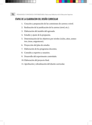 96 PEDAGOGÍA Y DOCENCIA UNIVERSITARIA: Hacia una Didáctica de la Educación Superior.
ETAPAS DE LA ELABORACION DEL DISEÑO CURRICULAR
1. Creación y preparación de las comisiones de carrera o nivel.
2. Realización de la justificación de la carrera (nivel, etc.).
3. Elaboración del modelo del egresado.
4. Estudio y ajuste de la propuesta.
5. Determinación de los objetivos por niveles (ciclos, años, semes-
tres, áreas, asignaturas).
6. Proyección del plan de estudio.
7. Elaboración de los programas docentes.
8. Consulta a expertos y usuarios.
9. Desarrollo del experimento controlado.
10. Elaboración del proyecto final.
11. Aprobación y oficialización del diseño curricular.
 