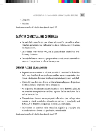 101
¿CÓMO DISEÑAR EL PROGRAMA DE ASIGNATURA Y DE SEMESTRE?
• Grupales.
• Sociales.
Tomado de aportes científicos de la Dra. Rita Marina Alvarez de Zayas (1997)
CARÁCTER CONTEXTUAL DEL CURRÍCULUM
• La sociedad como fuente que ofrece información para ubicar el cu-
rrículum genuinamente en los marcos de su historia, sus problemas,
sus necesidades.
• La sociedad como factor vivo, con el cual deberán interactuar estu-
diantes y docentes.
• La sociedad como contexto que ganará en transformaciones evoluti-
vas con el impacto de la educación superior.
CARÁCTER FLEXIBLE DEL CURRICULUM
• Su puesta en escena tiene el valor de permitir la constatación de lo dise-
ñado,paraelanálisisdesusresultadossedebentomarencuentaloscrite-
rios de estudiantes, docentes, familia, comunidad, empresas y sociedad.
• El colectivo de docentes deberá arribar a las conclusiones de posibles
modificaciones e intervenir en su aplicación.
• No es posible desarrollar un currículum dos veces de forma igual. Se
hace conveniente producir cambios, a partir de los resultados de la
aplicación anterior.
• El currículum siempre es un proyecto educativo, que incluye ideas
nuevas, y estará sometido a situaciones nuevas: el estudiante será
distinto, y el docente, aunque sea el mismo, no será igual.
• Se perciben los cambios en la educación superior y se adopta una
actitud dialéctica frente a la profesión y ante la vida.
Tomado de aportes científicos de la Dra. Rita Marina Alvarez de Zayas (1997)
 