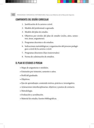 102 PEDAGOGÍA Y DOCENCIA UNIVERSITARIA: Hacia una Didáctica de la Educación Superior.
COMPONENTES DEL DISEÑO CURRICULAR
1. Justificación de la carrera o nivel.
2. Modelo del profesional o egresado.
3. Modelo del plan de estudio.
4. Objetivos por niveles del plan de estudio (ciclos, años, semes-
tres, áreas, asignaturas).
5. Programas docentes o de estudios.
6. Indicaciones metodológicas y organización del proceso pedagó-
gico a nivel de la carrera o nivel.
7. Programas directores (Ejes transversales)
8. Forma de culminación de estudios.
EL PLAN DE ESTUDIOS O PENSUM
• Mapa de asignaturas o módulos.
• Extensión por trimestre, semestre o años.
• Perfil del graduado.
• Objetivos.
• Ejes de aprendizajes: contenido teórico, práctico e investigativo.
• Aclaraciones interdisciplinarias: objetivos y puntos de contacto.
• Metodología.
• Evaluación y acreditación.
• Material de estudio, fuentes bibliográficas.
 
