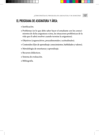 107
¿CÓMO DISEÑAR EL PROGRAMA DE ASIGNATURA Y DE SEMESTRE?
EL PROGRAMA DE ASIGNATURA Y ÁREA:
• Justificación.
• Problemas (es lo que debe saber hacer el estudiante con los conoci-
mientos de dicha asignatura o área, las situaciones problémicas de la
vida que él sabrá resolver cuando termine la asignatura).
• Objetivos (cognoscitivos, procedimentales y actitudinales).
• Contenidos (Ejes de aprendizaje: conocimientos, habilidades y valores).
• Metodología de enseñanza y aprendizaje.
• Recursos didácticos.
• Sistema de evaluación.
• Bibliografía.
 