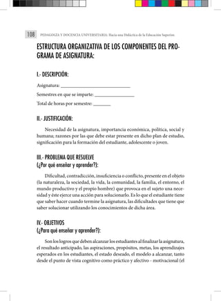 108 PEDAGOGÍA Y DOCENCIA UNIVERSITARIA: Hacia una Didáctica de la Educación Superior.
ESTRUCTURA ORGANIZATIVA DE LOS COMPONENTES DEL PRO-
GRAMA DE ASIGNATURA:
I.- DESCRIPCIÓN:
Asignatura: ____________________________
Semestres en que se imparte: ________________
Total de horas por semestre: _______
II.- JUSTIFICACIÓN:
Necesidad de la asignatura, importancia económica, política, social y
humana; razones por las que debe estar presente en dicho plan de estudio,
significación para la formación del estudiante, adolescente o joven.
III.- PROBLEMA QUE RESUELVE
(¿Por qué enseñar y aprender?):
Dificultad, contradicción, insuficiencia o conflicto, presente en el objeto
(la naturaleza, la sociedad, la vida, la comunidad, la familia, el entorno, el
mundo productivo y el propio hombre) que provoca en el sujeto una nece-
sidad y éste ejerce una acción para solucionarlo. Es lo que el estudiante tiene
que saber hacer cuando termine la asignatura, las dificultades que tiene que
saber solucionar utilizando los conocimientos de dicha área.
IV.- OBJETIVOS
(¿Para qué enseñar y aprender?):
Son los logros quedebenalcanzar los estudiantesalfinalizarlaasignatura,
el resultado anticipado, las aspiraciones, propósitos, metas, los aprendizajes
esperados en los estudiantes, el estado deseado, el modelo a alcanzar, tanto
desde el punto de vista cognitivo como práctico y afectivo - motivacional (el
 