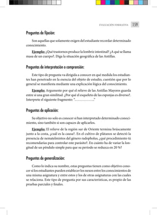 159
EVALUACIÓN FORMATIVA
Preguntas de fijación:
Son aquellas que solamente exigen del estudiante recordar determinado
conocimiento.
Ejemplo: ¿Qué trastornos produce la lombriz intestinal? ¿A qué se llama
masa de un cuerpo?. Diga la situación geográfica de las Antillas.
Preguntas de interpretación o comprensión:
Este tipo de pregunta va dirigida a conocer en qué medida los estudian-
tes han penetrado en la esencia del objeto de estudio, cuestión que por lo
general se manifiesta mediante una explicación lógica del conocimiento.
Ejemplo: Argumente por qué el relieve de las Antillas Mayores guarda
entre si una gran similitud. ¿Por qué el esqueleto de las esponjas es diverso?.
Interprete el siguiente fragmento: “.……………..”
Preguntas de aplicación:
Su objetivo no solo es conocer si han inter­pretado determinado conoci-
miento, sino también si son capaces de aplicar­
los.
Ejemplo: El relieve de la región sur de Oriente termina brúscamente
junto a la costa, ¿cuál es la causa?. En el cultivo de plátanos se detectó la
presencia de nematelmintos del género ra­
dopholus, ¿qué procedimiento tú
recomendarías para controlar este parásito?. En cuánto ha de variar la lon-
gitud de un péndulo simple para que su periodo se reduzca en 20 %?
Preguntas de generalización:
Como lo indica su nombre, estas pregun­tas tienen como objetivo cono-
cer si los estudiantes pueden establecer los nexos entre los conocimientos de
una misma asignatura y entre estos y los de otras asignaturas con las cuales
se relaciona. Este tipo de pregunta por sus características, es propio de las
pruebas parciales y finales.
 