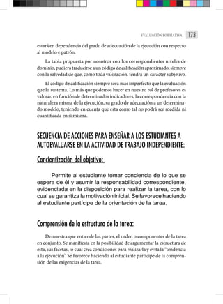 173
EVALUACIÓN FORMATIVA
estará en dependencia del grado de adecuación de la ejecución con respecto
al modelo e patrón.
La tabla propuesta por nosotros con los correspondientes niveles de
domi­nio, pudiera traducirse a un código de calificación aproximado, siempre
con la salvedad de que, como toda valoración, tendrá un carácter subjetivo.
El código de calificación siempre será más imperfecto que la evaluación
que lo sustenta. Lo más que podemos hacer en nuestro rol de profesores es
valorar, en función de determinados indicadores, la correspondencia con la
naturaleza misma de la ejecución, su grado de adecuación a un determina-
do modelo, teniendo en cuenta que esta como tal no podrá ser medida ni
cuantificada en si misma.
SECUENCIA DE ACCIONES PARA ENSEÑAR A LOS ESTUDIANTES A
AUTOEVALUARSE EN LA ACTIVIDAD DE TRABAJO INDEPENDIENTE:
Concientización del objetivo:
Permite al estudiante tomar conciencia de lo que se
espera de él y asumir la responsabilidad correspondiente,
evidenciada en la disposición para realizar la tarea, con lo
cual se garantiza la motivación inicial. Se favorece haciendo
al estudiante partícipe de la orientación de la tarea.
Comprensión de la estructura de la tarea:
Demuestra que entiende las partes, el orden o componentes de la tarea
en conjunto. Se manifiesta en la posibilidad de argumentar la estructura de
esta, sus facetas, lo cual crea condiciones para realizarla y evita la “tendencia
a la ejecución”. Se favorece haciendo al estudiante partícipe de la compren-
sión de las exigencias de la tarea.
 