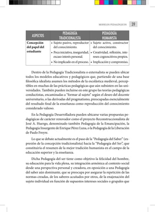 39
MODELOS PEDAGÓGICOS
ASPECTOS
PEDAGOGÍA
TRADICIONALISTA
PEDAGOGÍA
HUMANISTA
Concepción
del papel del
estudiante
• Sujeto pasivo, reproductor
del conocimiento.
• Poca iniciativa, inseguridad,
escaso interés personal.
• No implicado en el proceso.
• Sujeto activo, constructor
del conocimiento.
• Creatividad, reflexión, inte-
reses cognoscitivos propios.
• Implicación y compromiso.
Dentro de la Pedagogía Tradicionalista o externalista se pueden ubicar
todos los modelos educativos y pedagógicos que, partiendo de una base
filosófica idealista asumen los métodos de la escolástica medieval, percep-
tibles en muchas de las prácticas pedagógicas que aún subsisten en las uni-
versidades. También pueden incluirse en este grupo las teorías pedagógicas
conductistas, encaminadas a “formar al sujeto” según el deseo del docente
universitario, o las derivadas del pragmatismo, preocupadas esencialmente
del resultado final de la enseñanza como reproducción del conocimiento
considerado valioso.
En la Pedagogía Desarrolladora pueden ubicarse varias propuestas pe-
dagógicas de carácter renovador como el proyecto Reconstruccionalista de
José A. Huergo, denominado también Pedagogía de la Emancipación, la
Pedagogía Insurgente de Enrique Pérez Luna, o la Pedagogía de la Liberación
de Paulo Freyre.
Lo que se debate actualmente es el paso de la “Pedagogía del Saber” (ex-
presión de la concepción tradicionalista) hacia la “Pedagogía del Ser”, que
constituiría el resumen de la mejor tradición humanista en el campo de la
educación superior y la enseñanza.
Dicha Pedagogía del ser tiene como objetivo la felicidad del hombre,
su educación para la vida plena, su integración armónica al contexto social
desde una perspectiva personal y creadora, en oposición a una Pedagogía
del saber aún dominante, que se preocupa por asegurar la repetición de las
normas creadas, de los saberes acuñados por otros, de la enajenación del
sujeto individual en función de supuestos intereses sociales o grupales que
 