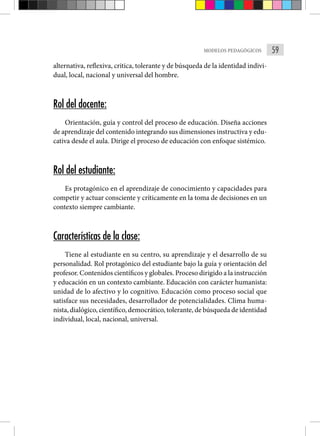 59
MODELOS PEDAGÓGICOS
alternativa, reflexiva, critica, tolerante y de búsqueda de la identidad indivi-
dual, local, nacional y universal del hombre.
Rol del docente:
Orientación, guía y control del proceso de educación. Diseña acciones
de aprendizaje del contenido integrando sus dimensiones instructiva y edu-
cativa desde el aula. Dirige el proceso de educación con enfoque sistémico.
Rol del estudiante:
Es protagónico en el aprendizaje de conocimiento y capacidades para
competir y actuar consciente y críticamente en la toma de decisiones en un
contexto siempre cambiante.
Características de la clase:
Tiene al estudiante en su centro, su aprendizaje y el desarrollo de su
personalidad. Rol protagónico del estudiante bajo la guía y orientación del
profesor. Contenidos científicos y globales. Proceso dirigido a la instrucción
y educación en un contexto cambiante. Educación con carácter humanista:
unidad de lo afectivo y lo cognitivo. Educación como proceso social que
satisface sus necesidades, desarrollador de potencialidades. Clima huma-
nista, dialógico, científico, democrático, tolerante, de búsqueda de identidad
individual, local, nacional, universal.
 