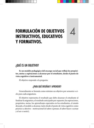 ¿QUÉ ES UN OBJETIVO?
Es un modelo pedagógico del encargo social que refleja los propósi-
tos, metas y aspiraciones a alcanzar por el estudiante, desde el punto de
vista cognitivo e instrumental.
El objetivo responde a la pregunta:
¿PARA QUÉ ENSEÑAR Y APRENDER?
Generalmente se formula como mínimo un objetivo por semestre o ci-
clo para cada asignatura.
El objetivo representa el resultado que debe alcanzar el estudiante al
finalizar la asignatura, el resultado anticipado por supuesto, las aspiraciones,
propósitos, metas, los aprendizajes esperados en los estudiantes, el estado
deseado, el modelo a alcanzar, tanto desde el punto de vista cognitivo como
práctico y afectivo - motivacional (el saber o pensar, el saber hacer o actuar
y el ser o sentir).
FORMULACIÓN DE OBJETIVOS
INSTRUCTIVOS, EDUCATIVOS
Y FORMATIVOS.
4
 