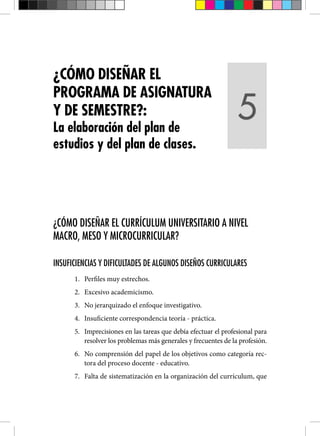 ¿CÓMO DISEÑAR EL CURRÍCULUM UNIVERSITARIO A NIVEL
MACRO, MESO Y MICROCURRICULAR?
INSUFICIENCIAS Y DIFICULTADES DE ALGUNOS DISEÑOS CURRICULARES
1. Perfiles muy estrechos.
2. Excesivo academicismo.
3. No jerarquizado el enfoque investigativo.
4. Insuficiente correspondencia teoría - práctica.
5. Imprecisiones en las tareas que debía efectuar el profesional para
resolver los problemas más generales y frecuentes de la profesión.
6. No comprensión del papel de los objetivos como categoría rec-
tora del proceso docente - educativo.
7. Falta de sistematización en la organización del currículum, que
¿CÓMO DISEÑAR EL
PROGRAMA DE ASIGNATURA
Y DE SEMESTRE?:
La elaboración del plan de
estudios y del plan de clases.
5
 