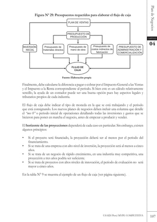 Plan de Negocios
         Figura Nº 29: Presupuestos requeridos para elaborar el flujo de caja
                                      PLAN DE VENTAS



                                      PRESUPUESTO DE
                                        PRODUCCIÒN
                                                                                                         Capítulo




INVERSIÒN        Presupuesto de        Presupuesto de           Presupuesto de        PRESUPUESTO DE
                                                                                                          04
  INICIAL       materiales directos     mano de obra          costos indirectos de   ADIMINISTRACIÒN Y
                                                                  fabricación        COMERCIALIZACIÒN




                                         FLUJO DE
                                           CAJA


                                 Fuente: Elaboración propia

Finalmente, debe calcularse la diferencia a pagar o cobrar por el Impuesto General a las ventas
y el Impuesto a la Renta correspondiente al periodo. Si bien este es un cálculo relativamente
sencillo, la ayuda de un contador puede ser una buena opción pues hay aspectos legales y
tributarios propios de cada industria.

El flujo de caja debe indicar el tipo de moneda en la que se está trabajando y el periodo
que está consignando. Los nuevos planes de negocios deben incluir una columna que detalle
el “mes 0” o periodo inicial de operaciones detallando todas las inversiones y gastos que se
hicieron para poner en marcha el negocio, antes de empezar a producir y vender.

El horizonte de las proyecciones dependerá de cada caso en particular. Sin embargo, existen
algunos principios:

•   Si el proyecto será financiado, la proyección deberá ser al menos por el periodo del
    financiamiento.
•   Si se trata de una empresa con alto nivel de inversión, la proyección será al menos a cinco
    años.
•   Si se trata de un negocio de rápido crecimiento, en una industria muy competitiva, una
    proyección a tres años podría ser suficiente.
•   Si se trata de proyectos con altos niveles de innovación, el periodo de evaluación no será
    mayor a cinco años.

En la tabla N° 9 se muestra el ejemplo de un flujo de caja (ver página siguiente).




                                                                        USAID/Perú/MYPE CoMPEtItIvA        107
 