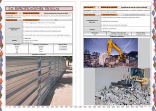 Pág. 27 Pag. 28
No. Actividad: 1 Nombre de la Actividad:
2
Imágenes y Esquemas:
Hilo
Zinc Nivel (2) Ayudantes
Cal Plomo
Madera Escuadra (1) Topógrafo
Clavos Martillo (1) Carpintero
Alcance:
1- Materiales
2- Equipos y Herramientas
3- Mano de Obra
Materiales: Equipos y Herramientas: Mano de Obra:
Cierre perimetral y Letrero en Obra
Descripción: Consiste en cercar y delimitar el área de trabajo del proyecto, asi como la colocación del letero con las
especificaciones de la obra.
Tiempo Ejecución: Actividades Previas: N/A
Procedimientos de
Ejecución:
1- Uso de topografía para delimitacion de área de trabajo.
2- Construcción de cierre perimetral con madera y zinc, de área de trabajo.
3- Construcción de Estructura Metálica para letrero (Según planos).
4- Colocacián de vaya o letrero de obra en estructura de montaje (Según esp. plano).
No. Actividad: 2 Nombre de la Actividad:
2
Imágenes y Esquemas:
N/A (1) Excavadora 200TON + Martillo (1) Operador Exc.
Alcance:
1- Equipos y Herramientas
2- Mano de Obra
Materiales: Equipos y Herramientas: Mano de Obra:
Descripción: Consiste en la demolición del piso de hormigón armado existente en la cancha a remodelar, el cual será
realizado con compresores de aire y martillos neumáticos.
Tiempo Ejecucion: Actividades Previas: 1 - Cierre perimetral y Letrero de obra
Procedimientos de
Ejecución:
1- Uso de Excavadora con martillo neumático o compresores de aire.
2-Demolición de la estructura
3- Acopio de material producto de demolición.
Demolición de piso de Cancha existente
2.6. ESPECIFICACIONES TECNICAS
 
