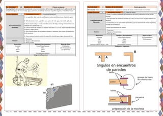 Pág. 35 Pag. 36
No. Actividad: 10 Nombre de la Actividad:
5 8 - Muros de blocks de 6"
Herramientas menores
Imágenes y Esquemas:
Arena Cubos (3) Ayudantes
Agua Plomo
Cemento Llana/Plana/Esponja (3) Albañiles
Cal Hilos (3) Terminadores
Alcance:
1- Materiales
2- Equipos y Herramientas
3- Mano de Obra
Materiales: Equipos y Herramientas: Mano de Obra:
Procedimientos de
Ejecución:
1- La superficie debe estar lo mas limpia y rustica posible para que el pañete agarre.
2- Debe humedecerse la superficie para que no le reste agua a la mezcla aplicada.
3- Hacer mezcla o liga 1:3 (cal: arena fina (arena de río)) y esta liga la mezclamos con
cemento en la proporción 1:6
4- Colocar mezcla de mortero, su espesor será entre 2 y 2.5 cm, según especificaciones
en plano y según plomo.
5- Usar el borde plano de un tablón de madera o aluminio, para raspar la superficie a
fin de nivelarla.
6- Pasar esponja humeda sombre la superficie nivelada para lograr terminació lisa.
Pañete en muros
Descripción: Es la terminación lisa aplicada en muros y elementos de hormigon, conseguida con la aplicacion de una
mezcla homogenea de arena lavada, agua y cemento, con el fin de tener una superficie regular y evitar filtraciones.
Tiempo Ejecucion: Actividades Previas:
No. Actividad: 11 Nombre de la Actividad:
3 10 - Pañete en muros
Prensas de Acero Ø 3/8" - G60 Herramientas menores
Imágenes y Esquemas:
Arena Cubos
Agua Plomo
Cemento Llana/Plana/Esponja (2) Terminadores
Cal Hilos (2) Ayudantes
Alcance:
1- Materiales
2- Equipos y Herramientas
3- Mano de Obra
Materiales: Equipos y Herramientas: Mano de Obra:
Descripción: Son la conformación de quicios o esquinas en uniones de muros, confeccionada con mortero.
Tiempo Ejecucion: Actividades Previas:
Procedimientos de
Ejecución:
1- Poner 2 molduras rodeando la terminación del vano y afirmarlas con un par de
prensas.
2- Hay que dejar las molduras pasadas en 3 cms, eso será lo que hay que rellenar con
mortero.
3- Comprobar que las guías estén aplomadas y que la separación de 3 cms es pareja a
lo largo de las maestras.
4- Hacer procedimiento de pañete
Cantos generales
 