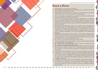 Pág. 77 Pag. 78
Planeación, Programación y Control De Proyectos
Analizamos la lista de actividades.
Paso a Paso
3
4
5
6
7
8
9
10
11
12
13
En una cuadricula dibujamos la linea de tiempo de duracion de
las actividades totales del proyecto.
Tanto en el borde superior o inferior dividimos la cuadricula
en la unidad de tiempo que utilizamos para analizar la planea-
ción del proyecto. Para la red de vencimiento sucesivo se utili-
zaran los valores dentro de los nodos denominados como IP
(inicio proximo).
Empezamos por dibujar un circulo llamado nodo y dividiendolo
en tres partes, dos inferiores y una sola superior donde inl-
cuiremos el numero del nodo (inicio o finalización de una acti-
vidad) y en las dos partes inferiores pondremos de lado dere-
cho el IP(inicio proximo) y en el lado izquierdo TR (Terminacion
remota).
Dibujamos una linea de nodo a nodo la cual sera la representa-
cion de cada actividad y su duracion a lo largo de la red, ya sea
continua para las actividades que representan la rua critica o
punteada para las actividades ficticia.
1
2
Al final de la actividad dibujamos otro nodo.
Analizamos nuestra matriz de dependecia la cual nos se rivra
para poder elbaorar esta red.
Analizamos los tiempos de todas las actividades a relizarse
dentro del proyecto incluidas en las matrices.
Luego seguimos dibujando lineas y nodos hasta haber termina-
do con todas las actividades.
El primer nodo lo enumeramos con 0, tanto en la mitad de arri-
ba como en las dos mitades de abajo.
En la mitad de arriba enumeramos cada nodo, con un orden es-
pecifico que toma en cuenta de la siguiente manera: de izquier-
da a derecha, y si dos nodos coinciden se enumera de arriba ha-
cia abajo.
Llenamos las dos mitades de abajo con la información corres-
pondiente a la actividad que esta inmediatamente antes del
nodo con los días correspondientes a su inicio más próximo (IP)
en la casilla de la izquierda y su terminación más tardía (TR) en
la casilla de la derecha, información que ya tenemos de la red
a tiempo estándar.
Pintamos de color rojo las actividades que corresponden a
la ruta crítica, que será la que tenga el numero en la casilla
de IP igual al número en la casilla del TR y también será la
ruta más larga de la red ya que no cuenta con ningún tiempo
de holgura.
 