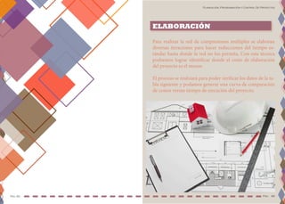 Planeación, Programación y Control De Proyectos
Pag. 86Pág. 85
ELABORACIÓN
Para realizar la red de compresiones múltiples se elaboran
diversas iteraciones para hacer reducciones del tiempo es-
tándar hasta donde la red no los permita. Con esta técnica
podremos lograr identificar donde el costo de elaboración
del proyecto es el menor.
El proceso se realizará para poder verificar los datos de la ta-
bla siguiente y podamos generar una curva de comparación
de costos versus tiempo de ejecución del proyecto.
 