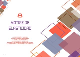 Pág. 113 Pag. 114
8
8.1 DEFINICIÓN + MATRIZ
8.2 CÁLCULOS DE HOLGURAS
8.3 TABLA DE HOLGURAS
8.4 DESVIACIÓN ESTÁNDAR
8.5 TABLA DE PROBABILIDAD DE RETRASO
8.6 RESPUESTAS A PREGUNTAS DE RETRASO
MATRIZ DE
ELASTICIDAD
 