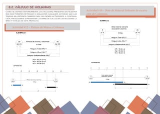 8.2. CÁLCULO DE HOLGURAS
Como se definió anteriormente las holguras presentes en nuestra
red nos permiten retrasar o adelantar cualquier actividad que las
tengas sin obtener cambios para las demás actividades, a continua-
ción, procedemos a presentar la forma de calcular las holguras li-
bres y totales de este proyecto.
Actividad #12 – Pintura de Muros y Columna
Actividad #18 – Bote de Material Sobrante de excava-
ción de Columnas.
 