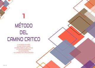 Pág. 03 Pag. 04
1
1.1 INTRODUCCIÓN
1.2 METODOLOGÍA
1.3 RESUMEN EJECUTIVO
1.4 ANTECEDENTES
1.5 DEFINICIÓN
1.6 CAMPO DE APLICACIÓN
MÉTODO
DEL
CAMINO CRITICO
 