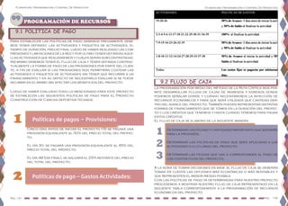 Planeación, Programación y Control De Proyectos
Pág. 131 Pag. 132
Planeación, Programación y Control De Proyectos
9.1 POLÍTICA DE PAGO
Para establecer las políticas de pago debemos previamente debe-
mos tener definido: las actividades y paquetes de actividades, el
tiempo de duración, precio final luego de haber realizado las com-
presiones y limitaciones de la red y por ultimo tener definidas aque-
llas actividades que realizaremos y cuáles serán sub-contratadas.
Así mismo debemos tener el flujo de caja y tener definida contrac-
tualmente la forma de pago de las provisiones por parte del clien-
te, a fin de evaluar si las provisiones nos permitirán costear las
actividades o paquetes de actividades sin tener que recurrir a un
financiamiento y en su defecto de necesitarlo evaluar si se puede
incurrir en el mismo sin afectar los beneficios del proyecto.
Cinco días antes de iniciar el proyecto (-5) se pagará una
provisión equivalente al 30% del precio total del proyec-
to.
El día 30, se pagará una provisión equivalente al 45% del
precio total del proyecto.
El día 48 (día final), se saldará el 25% restante del precio
del total del proyecto.
9.2 FLUJO DE CAJA
La programación por medio del método de la Ruta Critica nos per-
mite desarrollar flujos de cajas de ingresos y egresos donde
podemos señalar donde y cuando necesitaremos la inyección de
recursos económicos y para que será utilizada que cantidad den-
tro del avance del proyecto. También pueden representar distintas
formas de financiamiento que se tomen en la duración del proyec-
to y los créditos que tenemos y hasta cuando tenemos para pagar
estos créditos.
El flujo de caja se elabora de la siguiente manera:
09 PROGRAMACIÓN DE RECURSOS
Luego de haber evaluado todo lo mencionado para este proyecto
se establecen las siguientes políticas de pago para el Proyecto
Construcción de Cancha deportiva techada:
1 Políticas de pagos – Provisiones:
Políticas de pago – Gastos Actividades:2
A la hora de tomar decisiones en base al flujo de caja se deberán
tomar en cuenta las opciones más económicas o más rentables y
que representen el menor riesgo posible.
Con las políticas de pago ya determinadas para nuestro proyecto
procedemos a mostrar nuestro flujo de caja representado en la
siguiente tabla correspondiente a la programación de recursos
económicos del proyecto
Determinar las fechas y cantidades importante que servirán
para la provisión.
Determinar las políticas de pago que será aplicadas a las
actividades o a lo largo del proyecto.
Determinar las fechas que van a corresponder al pago de
los costos fijos del proyecto.
1
2
3
 