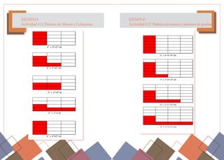 EJEMPLO
Actividad #12 Pintura de Muros y Columnas
42
+ 02
+02
=16
32
+ 12
+02
=10
22
+ 22
+02
=8
22
+ 12
+1=6
42
+ 02
+02
=16
EJEMPLO
Actividad # 27 Pañetes en muros y asientos de gradas
62
+ 02
+02
+02
=36
52
+ 12
+02
+02
=26
42
+ 12
+12
+02
=18
32
+ 12
+12
+12
=12
 