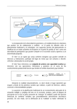 Planificación Estratégica
38
La incorporación de la diversidad de posiciones y el establecimiento de relaciones
que pueden ser de colaboración o conflicto es el punto de inflexión entre el
planeamiento tradicional y el estratégico. Los supuestos previos del planeamiento se
modifican de un modo sustantivo al incorporar en el punto de partida al “otro” como una
diversidad de participantes que pueden competir en el escenario social u oponerse a un
determinado proposito.
El “otro” es un sujeto que actúa conforme designios que pueden coincidir en
intereses y motivaciones, participar del logro de metas que son comunes o disentir,
enfrentar u obstaculizar la acción propia.
El “otro” hace referencia a un conjunto de actores con capacidad creativa que
interviene con sus operaciones, intenciones y pasiones en el curso de los
acontecimientos produciendo fuerzas que tienden al cambio situacional y que tambien
Interpreta la realidad situacionalmente, es decir desde el lugar (posición) que
ocupan y desde de las prácticas sociales que realizan, a partir de intereses, valores,
creencias e intencionalidades propias.
La ausencia en la planificación tradicional de un reconocimiento adecuado de la
actuación múltiple y compleja del otro en el escenario, produce, junto al bloqueo de
percepción de lo real, la grata sensación de “manejar” la realidad a partir del ejercicio
intelectual de combinar variables que pretendidamente determinarán desenlaces
previstos. De este modo, con la eliminación de la “realidad” se habrá “eliminado” la
Supuestos
filosóficos
Principios
Metodología. Cambios en la
PRÁCTICA del PLANEAMIENTO
PROPUESTA
PLAN LIBRO
Planificación Tradicional
DIAGNÓSTICO
-Apreciación “objetiva” de la
realidad
PRONÓSTICO
Cuadro 5
Formulación del plan libro
 