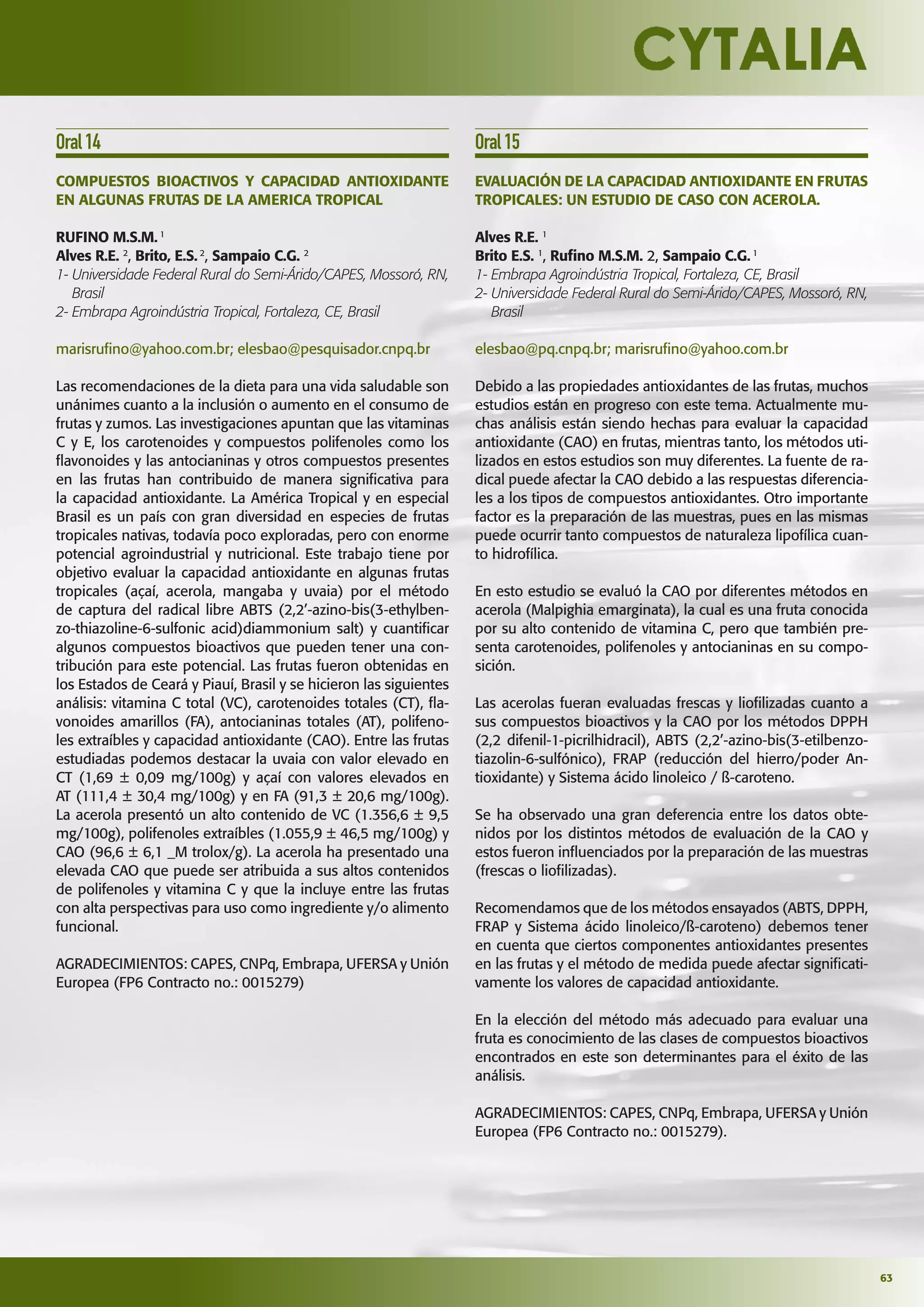 63
Oral14
COMPUESTOS BIOACTIVOS Y CAPACIDAD ANTIOXIDANTE
EN ALGUNAS FRUTAS DE LA AMERICA TROPICAL
RUFINO M.S.M.1
Alves R.E. 2
, Brito, E.S.2
, Sampaio C.G. 2
1- Universidade Federal Rural do Semi-Árido/CAPES, Mossoró, RN,
Brasil
2- Embrapa Agroindústria Tropical, Fortaleza, CE, Brasil
marisruﬁno@yahoo.com.br; elesbao@pesquisador.cnpq.br
Las recomendaciones de la dieta para una vida saludable son
unánimes cuanto a la inclusión o aumento en el consumo de
frutas y zumos. Las investigaciones apuntan que las vitaminas
C y E, los carotenoides y compuestos polifenoles como los
ﬂavonoides y las antocianinas y otros compuestos presentes
en las frutas han contribuido de manera signiﬁcativa para
la capacidad antioxidante. La América Tropical y en especial
Brasil es un país con gran diversidad en especies de frutas
tropicales nativas, todavía poco exploradas, pero con enorme
potencial agroindustrial y nutricional. Este trabajo tiene por
objetivo evaluar la capacidad antioxidante en algunas frutas
tropicales (açaí, acerola, mangaba y uvaia) por el método
de captura del radical libre ABTS (2,2’-azino-bis(3-ethylben-
zo-thiazoline-6-sulfonic acid)diammonium salt) y cuantiﬁcar
algunos compuestos bioactivos que pueden tener una con-
tribución para este potencial. Las frutas fueron obtenidas en
los Estados de Ceará y Piauí, Brasil y se hicieron las siguientes
análisis: vitamina C total (VC), carotenoides totales (CT), ﬂa-
vonoides amarillos (FA), antocianinas totales (AT), polifeno-
les extraíbles y capacidad antioxidante (CAO). Entre las frutas
estudiadas podemos destacar la uvaia con valor elevado en
CT (1,69 ± 0,09 mg/100g) y açaí con valores elevados en
AT (111,4 ± 30,4 mg/100g) y en FA (91,3 ± 20,6 mg/100g).
La acerola presentó un alto contenido de VC (1.356,6 ± 9,5
mg/100g), polifenoles extraíbles (1.055,9 ± 46,5 mg/100g) y
CAO (96,6 ± 6,1 _M trolox/g). La acerola ha presentado una
elevada CAO que puede ser atribuida a sus altos contenidos
de polifenoles y vitamina C y que la incluye entre las frutas
con alta perspectivas para uso como ingrediente y/o alimento
funcional.
AGRADECIMIENTOS: CAPES, CNPq, Embrapa, UFERSA y Unión
Europea (FP6 Contracto no.: 0015279)
Oral15
EVALUACIÓN DE LA CAPACIDAD ANTIOXIDANTE EN FRUTAS
TROPICALES: UN ESTUDIO DE CASO CON ACEROLA.
Alves R.E. 1
Brito E.S. 1
, Ruﬁno M.S.M. 2, Sampaio C.G.1
1- Embrapa Agroindústria Tropical, Fortaleza, CE, Brasil
2- Universidade Federal Rural do Semi-Árido/CAPES, Mossoró, RN,
Brasil
elesbao@pq.cnpq.br; marisruﬁno@yahoo.com.br
Debido a las propiedades antioxidantes de las frutas, muchos
estudios están en progreso con este tema. Actualmente mu-
chas análisis están siendo hechas para evaluar la capacidad
antioxidante (CAO) en frutas, mientras tanto, los métodos uti-
lizados en estos estudios son muy diferentes. La fuente de ra-
dical puede afectar la CAO debido a las respuestas diferencia-
les a los tipos de compuestos antioxidantes. Otro importante
factor es la preparación de las muestras, pues en las mismas
puede ocurrir tanto compuestos de naturaleza lipofílica cuan-
to hidrofílica.
En esto estudio se evaluó la CAO por diferentes métodos en
acerola (Malpighia emarginata), la cual es una fruta conocida
por su alto contenido de vitamina C, pero que también pre-
senta carotenoides, polifenoles y antocianinas en su compo-
sición.
Las acerolas fueran evaluadas frescas y lioﬁlizadas cuanto a
sus compuestos bioactivos y la CAO por los métodos DPPH
(2,2 difenil-1-picrilhidracil), ABTS (2,2’-azino-bis(3-etilbenzo-
tiazolin-6-sulfónico), FRAP (reducción del hierro/poder An-
tioxidante) y Sistema ácido linoleico / ß-caroteno.
Se ha observado una gran deferencia entre los datos obte-
nidos por los distintos métodos de evaluación de la CAO y
estos fueron inﬂuenciados por la preparación de las muestras
(frescas o lioﬁlizadas).
Recomendamos que de los métodos ensayados (ABTS, DPPH,
FRAP y Sistema ácido linoleico/ß-caroteno) debemos tener
en cuenta que ciertos componentes antioxidantes presentes
en las frutas y el método de medida puede afectar signiﬁcati-
vamente los valores de capacidad antioxidante.
En la elección del método más adecuado para evaluar una
fruta es conocimiento de las clases de compuestos bioactivos
encontrados en este son determinantes para el éxito de las
análisis.
AGRADECIMIENTOS: CAPES, CNPq, Embrapa, UFERSA y Unión
Europea (FP6 Contracto no.: 0015279).
 