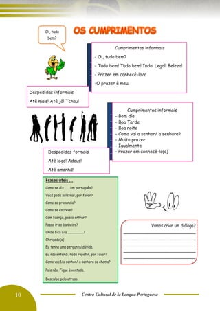10 Centro Cultural de la Lengua Portuguesa
Vamos criar um diálogo?
_____________________________
_____________________________
_____________________________
_____________________________
_____________________________
Oi, tudo
bem?
Frases úteis ...
Como se diz........em português?
Você pode soletrar, por favor?
Como se pronuncia?
Como se escreve?
Com licença, posso entrar?
Posso ir ao banheiro?
Onde fica o/a ...................?
Obrigado(a)
Eu tenho uma pergunta/dúvida.
Eu não entendi. Pode repetir, por favor?
Como você/o senhor/ a senhora se chama?
Pois não. Fique à vontade.
Desculpe pelo atraso.
Quanto custa este (a)?
Cumprimentos informais
- Oi, tudo bem?
- Tudo bem! Tudo bem! Indo! Legal! Beleza!
- Prazer em conhecê-lo/a
-O prazer ê meu.
Cumprimentos informais
- Bom día
- Boa Tarde
- Boa noite
- Como vai a senhor/ a senhora?
- Muito prazer
- Igualmente
- Prazer em conhecê-lo(a)
Despedidas informais
Atê mais! Atê jà! Tchau!
Despedidas formais
Atê logo! Adeus!
Atê amanhã!
 