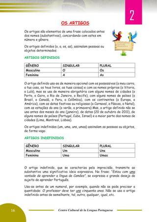 16 Centro Cultural de la Lengua Portuguesa
OS ARTIGOS
Os artigos são elementos de uma frase colocados antes
dos nomes (substantivos), concordando com estes em
número e gênero.
Os artigos definidos (o, a, os, as), assinalam pessoas ou
objetos determinados:
ARTIGOS DEFINIDOS
GÊNERO SINGULAR PLURAL
Masculino O Os
Feminino A As
O artigo definido usa-se de maneira opcional com os possessivos (o meu carro,
a tua casa, os teus livros, as tuas coisas) e com os nomes próprios (a Vitoria,
o Luís), mas se usa de maneira obrigatória com alguns nomes de cidades (o
Porto, o Cairo, o Rio de Janeiro, o Recife), com alguns nomes de países (o
Brasil, o Canadá, o Peru, a Colômbia), com os continentes (a Europa, a
América), com as datas festivas ou religiosas (o Carnaval, a Páscoa, o Natal),
com as estações do ano (o verão, a primavera) Mas, o artigo definido não se
usa antes dos meses do ano (janeiro), de datas (20 de outubro de 2011), de
alguns nomes de países (Portugal, Cuba, Israel) e a maior parte dos nomes de
cidades (Lima, Montreal, Lisboa).
Os artigos indefinidos (um, uma, uns, umas) assinalam as pessoas ou objetos,
de forma vaga:
ARTIGOS INDEFINIDOS
GÊNERO SINGULAR PLURAL
Masculino Um Uns
Feminino Uma Umas
O artigo indefinido, que se caracteriza pela imprecisão, transmite ao
substantivo uma significativa ideia expressiva. Na frase: “Estou com uma
vontade de aprender a língua de Camões”, se expressa o grande desejo do
sujeito de aprender Português.
Usa-se antes de um numeral, por exemplo, quando não se pode precisar a
quantidade: O professor deve ter uns cinquenta anos. Não se usa o artigo
indefinido antes de semelhante, tal, outro, qualquer, igual, etc.
2
 